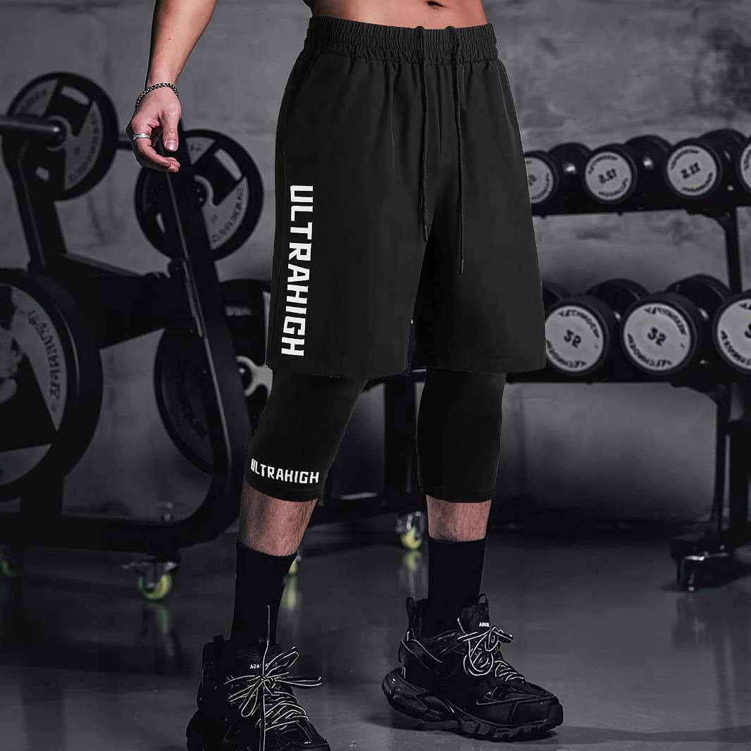 Cross-Border Men's Summer Stretch Fitness Double-Layer Sports Shorts Basketball Faux Two-Piece Tight Running Mid-Length Casual Quick-Dry