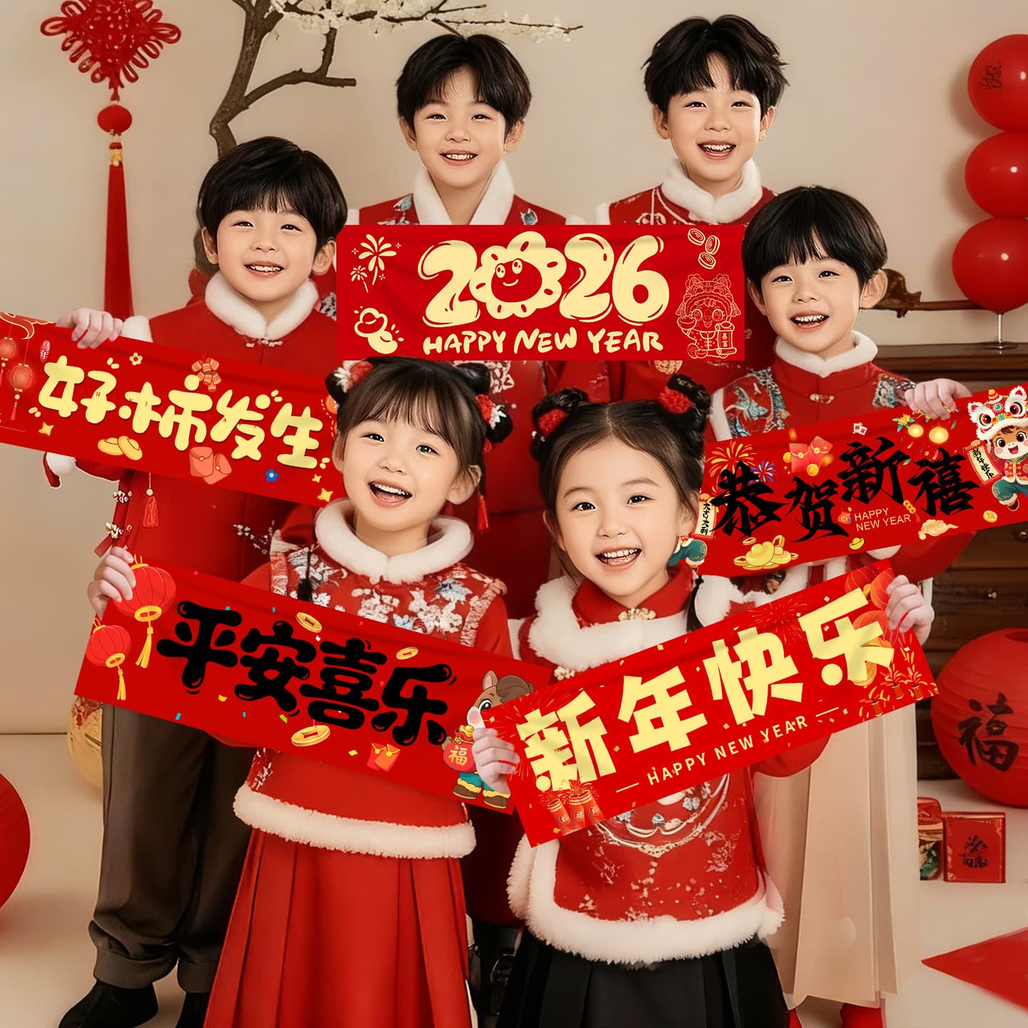 2026 New Year's Day Decorations Children's Handheld Small Banners Photo Props Kindergarten Classroom Atmosphere Decoration Streamers