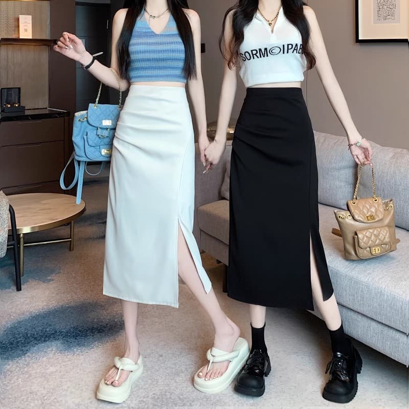 Black A-Line Skirt for Women Spring Design Pleated Split Skirt High Waist Slim Pencil Skirt Midi Long Skirt