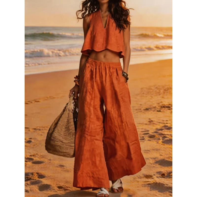 Top and Wide-Leg Pants Two-Piece Set Amazon Independent Site Cross-Border European and American New Style Linen Suit Vacation Style Sleeveless