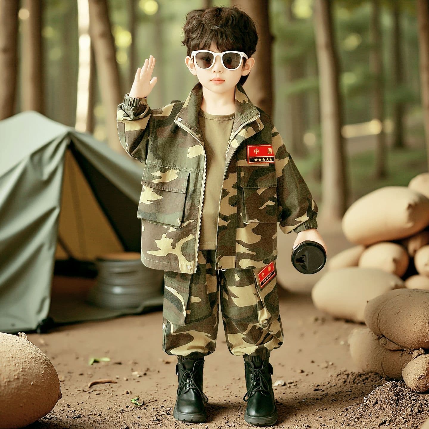 Boys' pure cotton sports camouflage military training three-piece set, new spring and autumn style, children's sports outdoor development student training uniform