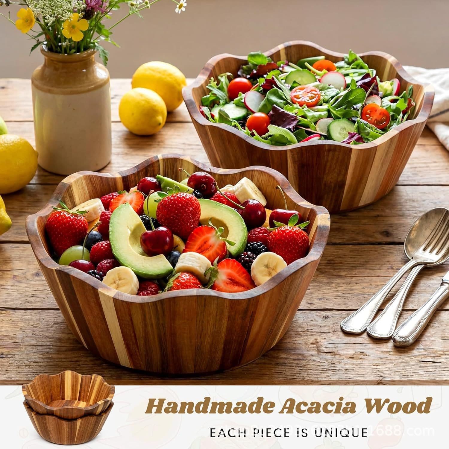 Cross-Border Wooden Salad Bowl, Lace Edge Large Capacity Fruit Salad Mixing Bowl, Home Use Kneading Bowl, Yogurt Salad Bowl