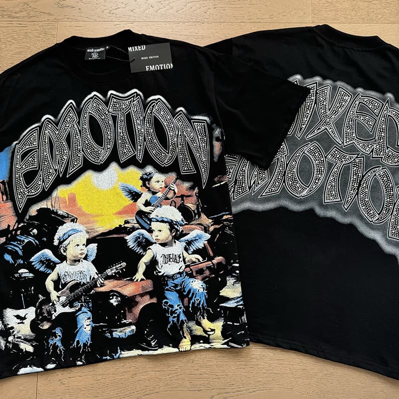 Mixed Emotion American high street rock band Angel flash diamond slogan short-sleeved men's retro loose T-shirt