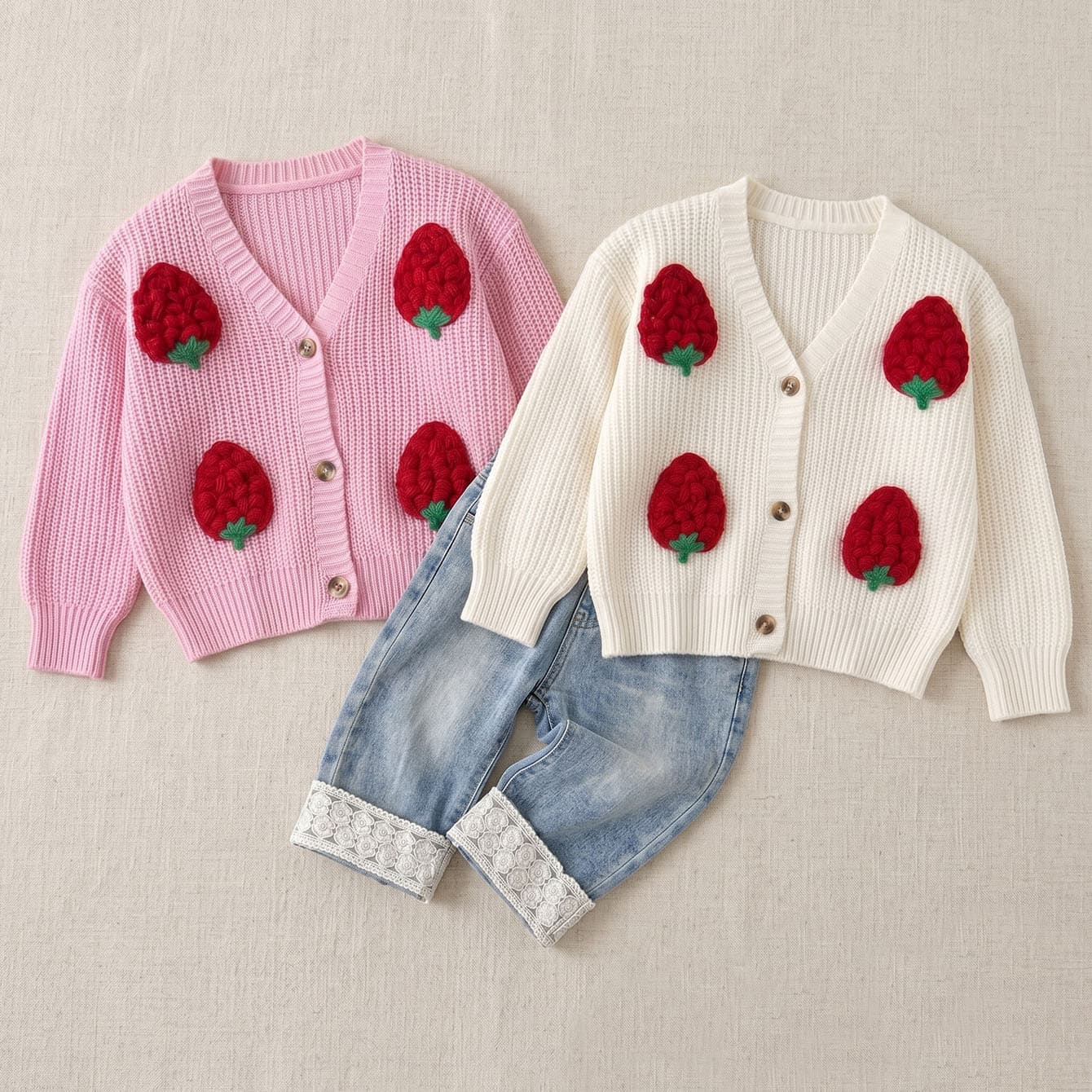 Sweet Strawberry Pattern Baby Girl V-Neck Cardigan, Cross-Border European & American Little Chanel Style Girls' Sweater Jacket