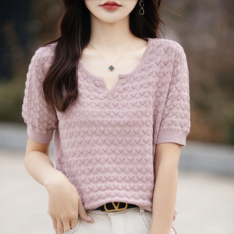 Casual Cotton Linen Hollow Out Round Neck Short Sleeve Women's T-Shirt Summer New Style Knitted Top Half Sleeve Small Shirt