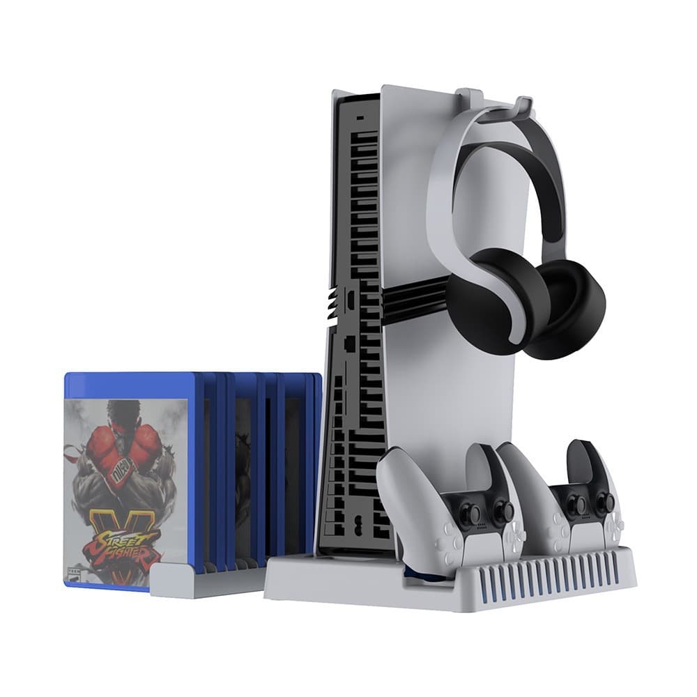 Universal Cooling RGB Light Stand for PS5/Slim/Pro Console, PS5 Controller Charger, Disc Storage, and Headphone Holder