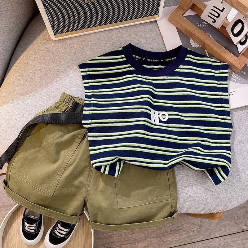 Children's clothing 2025 new summer style boys striped vest suit fashionable children's clothing sleeveless waistcoat overalls two pieces