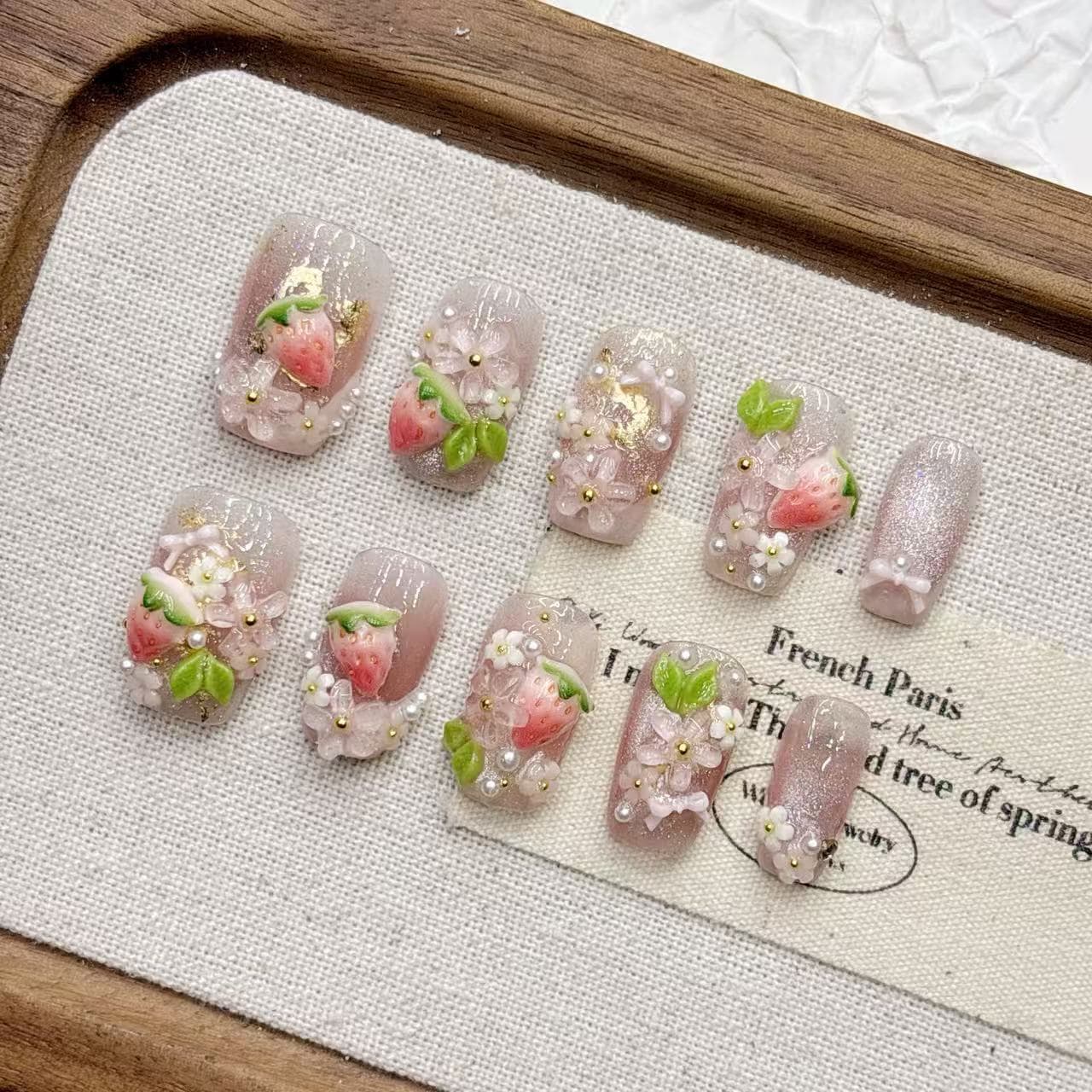 Pink Strawberry 3D Embossed Short Almond Handmade Nail Art High-End Wholesale Pure Hand-Wear Nails