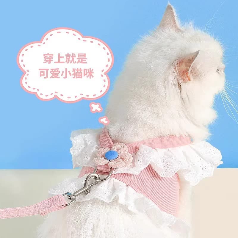 Pet Cat Harness Dress, Chest Back Harness, Sweet JK Style, Lace Trim Harness Dress, Outdoor Walking Cat Clothes