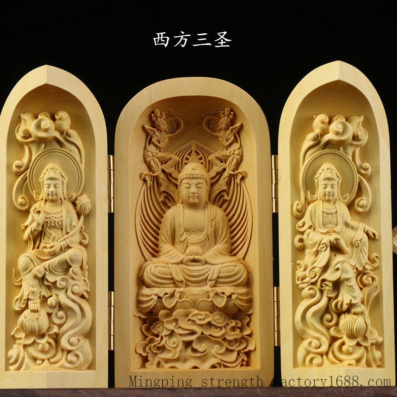 Boxwood Buddha Statue Three-Panel Folding Case Home Decoration Solid Wood Western Three Saints Portable Buddha Wood Thousand-Hand Guanyin Ornament