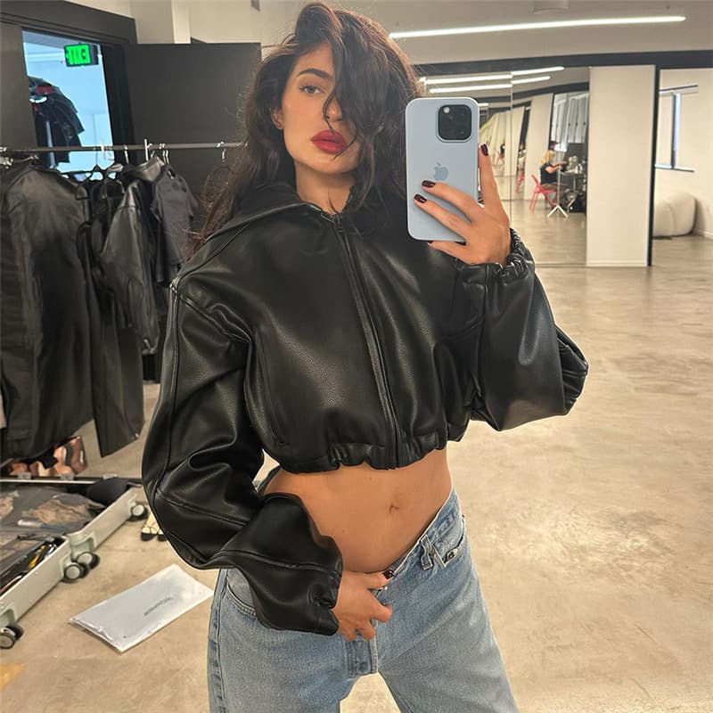 European and American Style 2025 Spring/Fall Women's Fashion Long-Sleeve Zipper Cropped Fitted Hooded Faux Leather Jacket