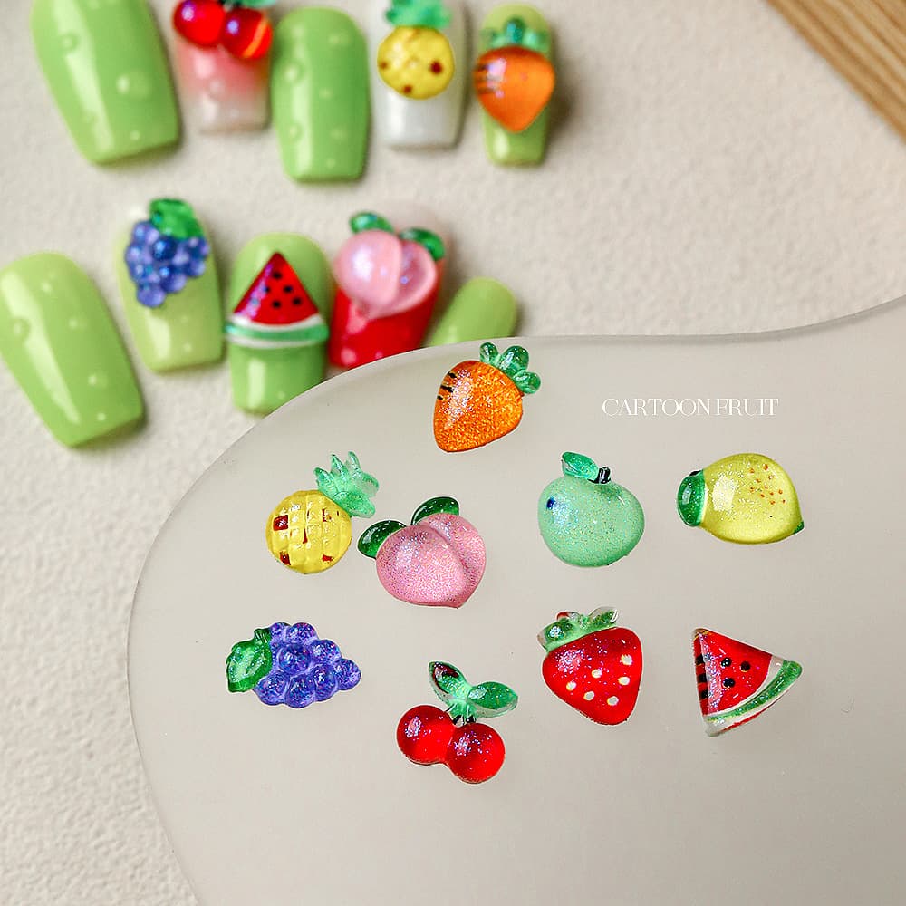 New Cartoon Fruit Nail Art Decorations, 3D Simulation Cherry Strawberry Watermelon Ice-Clear Resin Nail Accessories