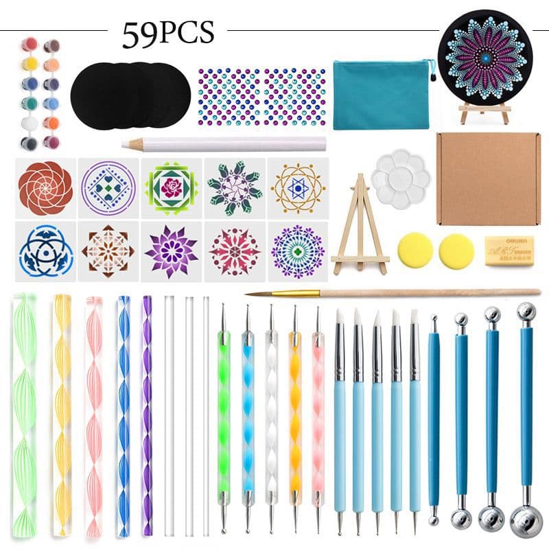 Mandala Tool Kit 59 Pieces Acrylic Paint Dotting Sticks Frame Silicone Diamond Pen Drawing Template Art Supplies