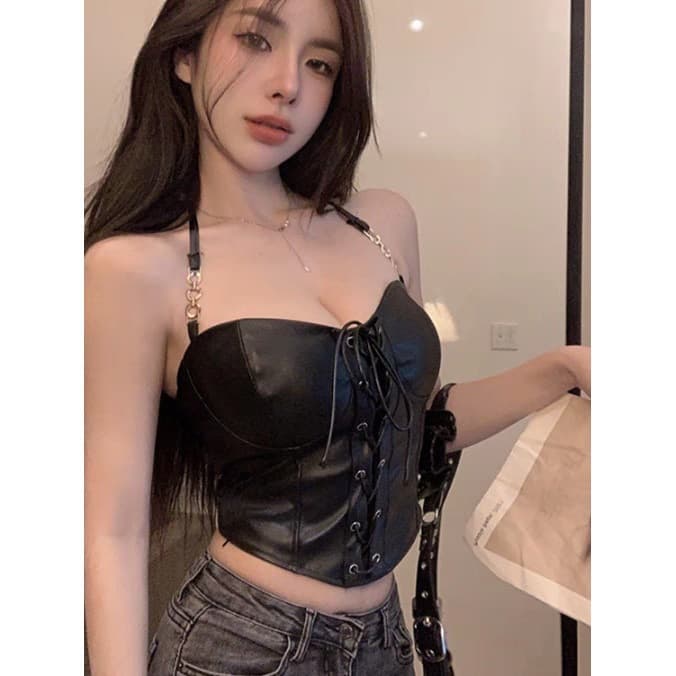 Women's New Suspender Vest Sexy Halter Neck Tie High-End Black Slim Short PU Leather Top Fashion