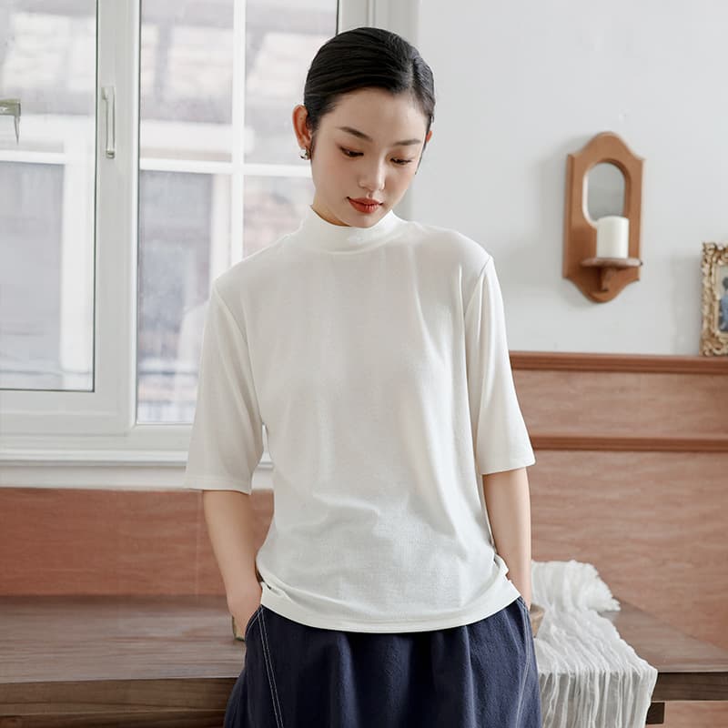 New Spring Half Turtleneck Short Sleeve Base Tee for Women Basic Versatile Solid Premium Wool T-Shirt Top Wholesale