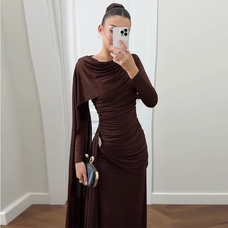 2025 foreign trade women’s cross-border European and American Amazon round neck irregular pleated slim hip-covering elegant and sexy dress