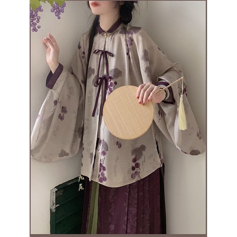 Hanfu wine sauce purple grape Ming Dynasty pipa sleeves Song Dynasty long gown with bow pocket sleeves and suspenders horse-faced skirt for adults and others