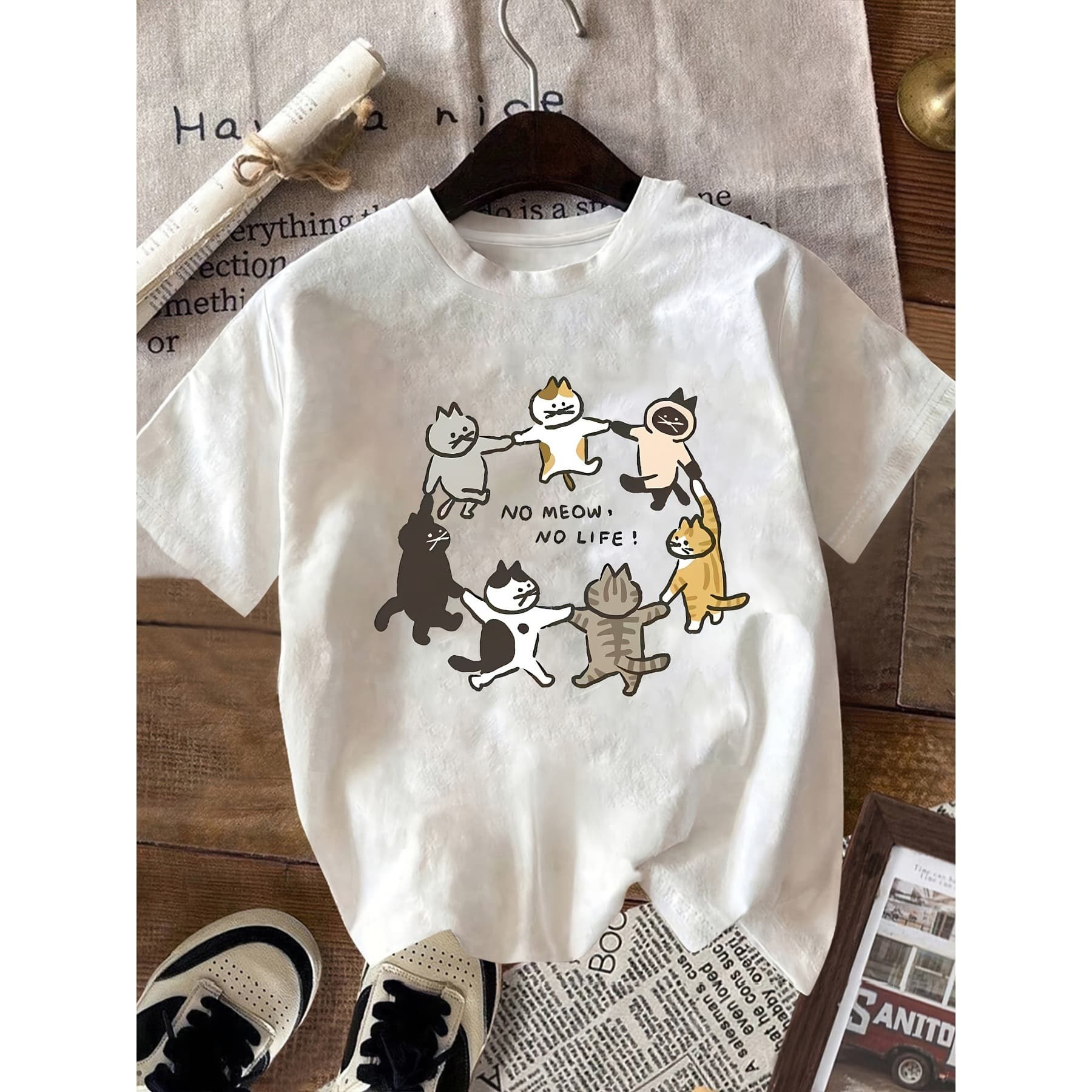 【European Size Cotton T-Shirt】2026 Spring/Summer New T-Shirt Cute Cat Print T-Shirt Japanese Style Fresh Cat Design