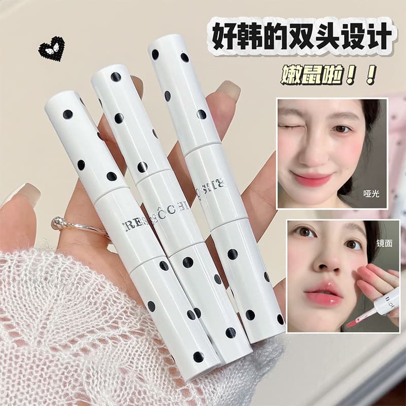 Korean-Style Fresh Look Dot Whisper Dual-End Lip Gloss, Water-Gloss Mirror Lip Glaze, Matte Velvet Lip Mud, Brightening Autumn/Winter Lip Gloss