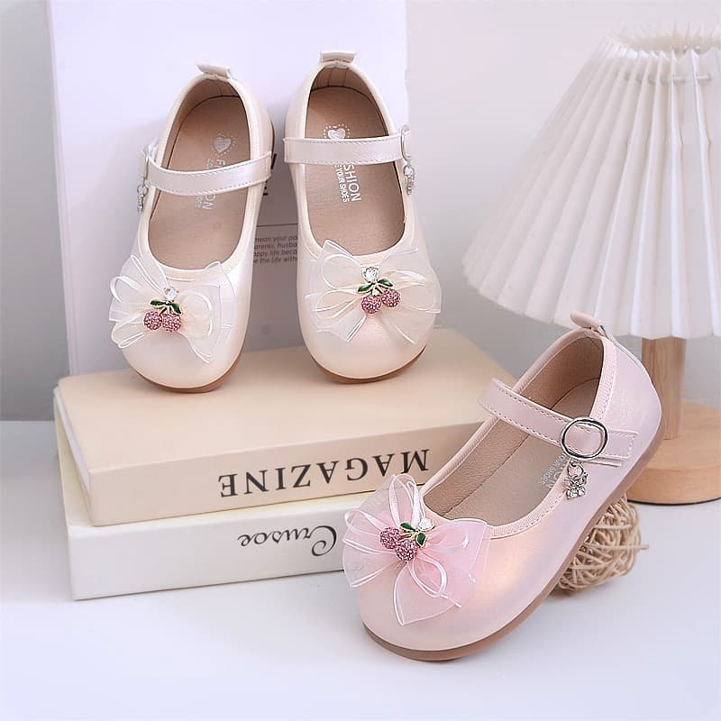 2026 Summer New Style Children's Shoes, Baby Bow Princess Shoes, Kids' High Heel Performance Shoes with Rhinestones, Flats, Girls' Leather Shoes
