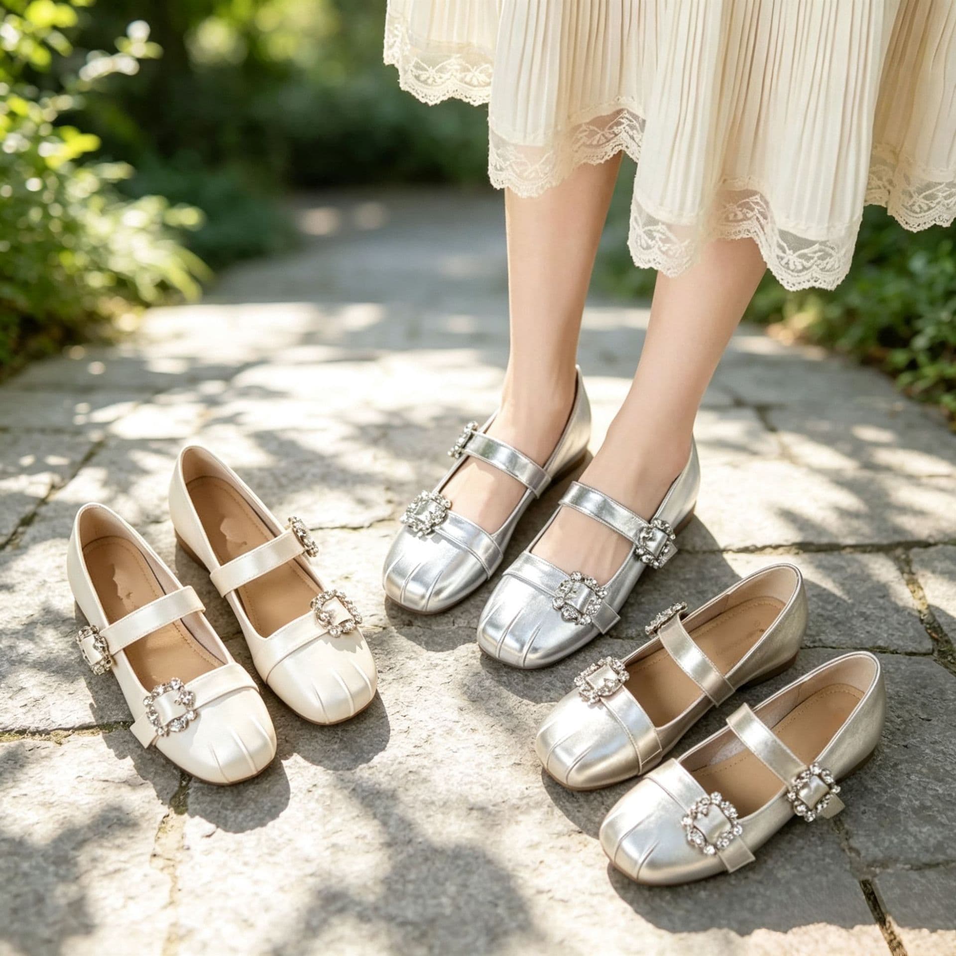 Stitched pleated square-toe Mary Jane shoes for women with rhinestone square buckles and one-line straps with shallow mouth and flat bottom for girls with ballet style skirts