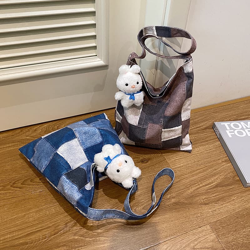 2024 New Casual Denim Canvas Tote Bag, Versatile Canvas Tote, Denim Blue Checkerboard Shoulder Bag