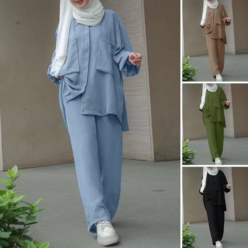 In Stock Cross-Border Long Sleeve Shirt and Elastic Waist Pants Set with Patch Pockets, Concealed Button Placket, Dyed Buttons, Factory Wholesale
