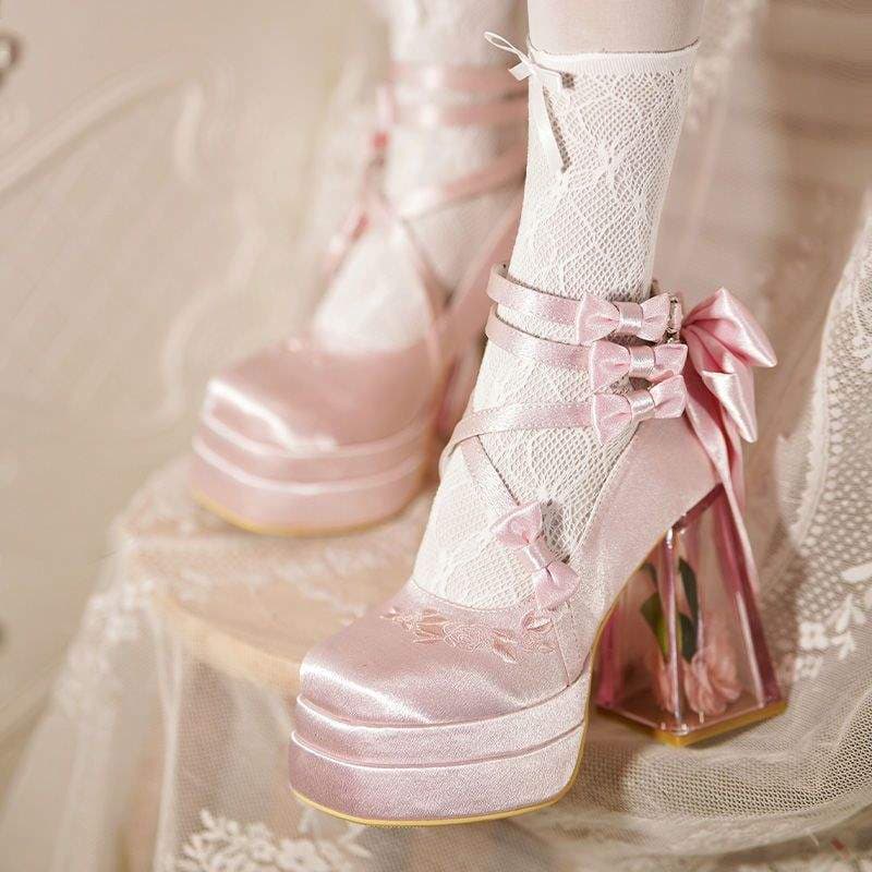 New Bow Tie-Up Glass Greenhouse Princess Shoes, Elegant Lolita Mary Jane Cosplay High Heels