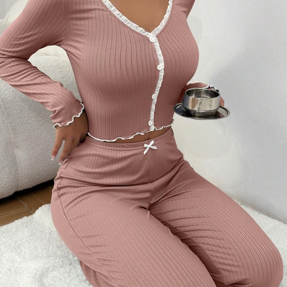 New European and American Home Clothing Amazon Pajamas Long Sleeve Long Pants Slim Sexy Lace Double Long Suit Pajamas