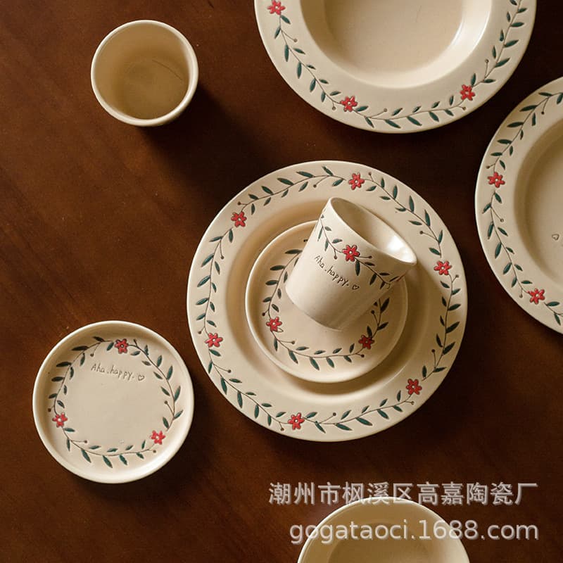 Vintage matte underglaze hand-painted Aha flower ceramic tableware: coffee cups and saucers, pasta dishes, straw hat plates, and dessert bowls.