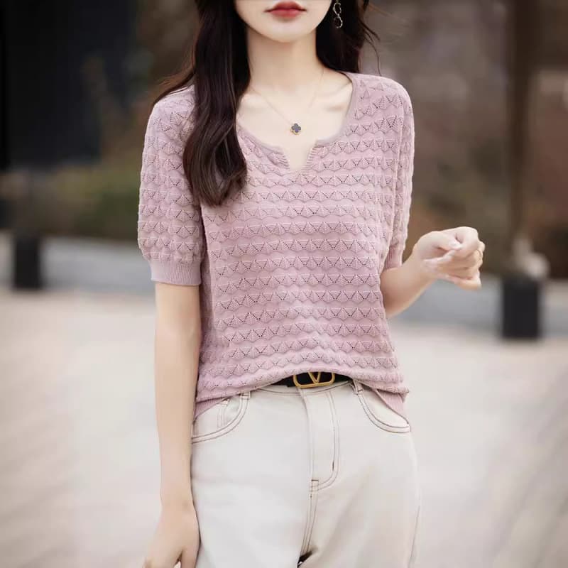 Pure Cotton Knitted Short Sleeve Women's Spring Summer New Style Elegant Half Sleeve Hollow Loose Fashion Solid Color T-Shirt Top