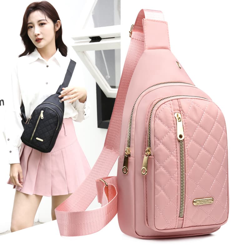 2024 New Women's Embroidered Nylon Chest Bag Fashionable Versatile Stitched Grid Crossbody Bag Simple Outdoor Travel Daily