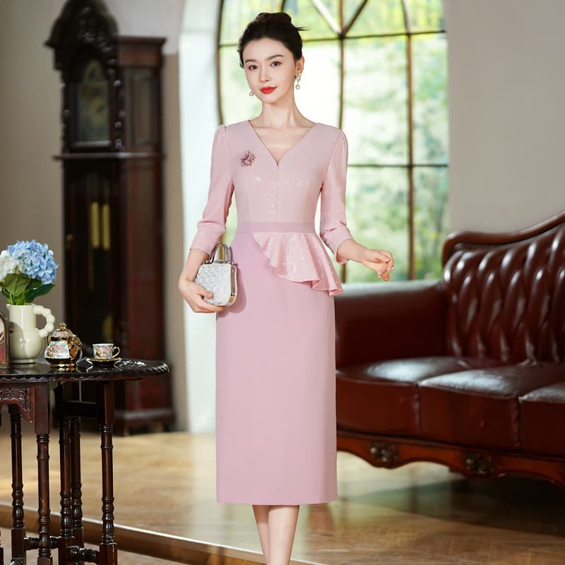 2025 Autumn New Formal Dress, Sequined Ruffle Elegant Wedding Banquet Mother-in-Law Dress, One-Piece Drop Shipping