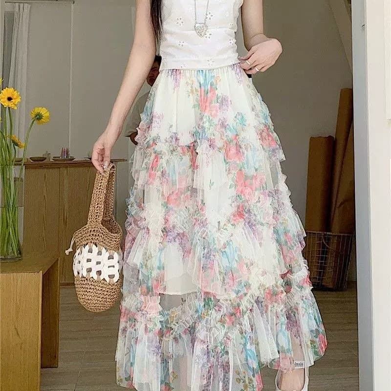 New Summer Heavy-Duty Patchwork Irregular Sweet Mesh Cake Skirt Flowing Elegant Long Skirt with Ruffle Hem