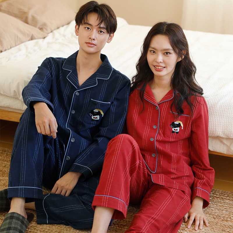 Autumn/Winter Couple Red Simple Striped Pure Cotton Double Brushed Men's Sleepwear Long Sleeve Set