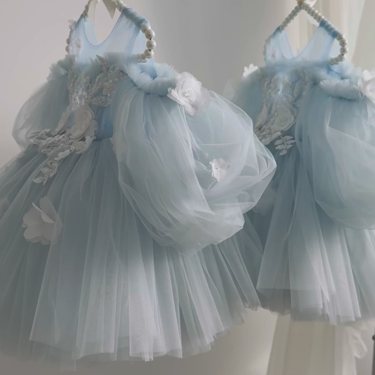 Blue Princess Dress Girls Appliqué Decorated Mesh Puff Skirt Children's Day Dress Cross-border Amazon Dropshipping