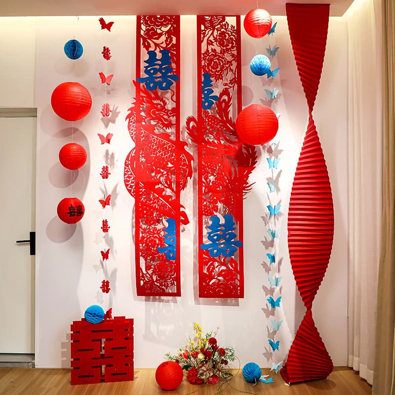 Wedding room decoration set, long strips of happy words, dragon and phoenix banners for the married man and woman, red and blue decoration, wedding engagement