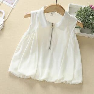 Girls' Summer New Style Children's Collarless Sleeveless Bubble Blouse Toddler Casual Korean Top