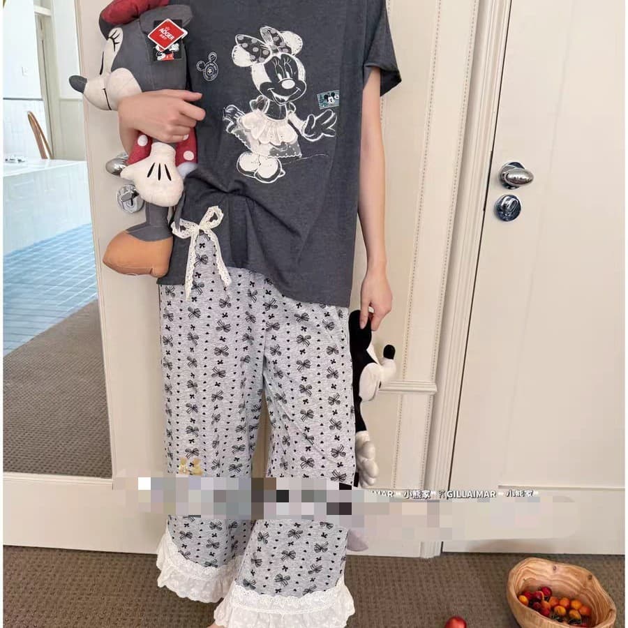 Spring New Cartoon Mickey Short Sleeve Long Pants Pajama Set Round Neck Loose Sleepwear Wearable Outdoors