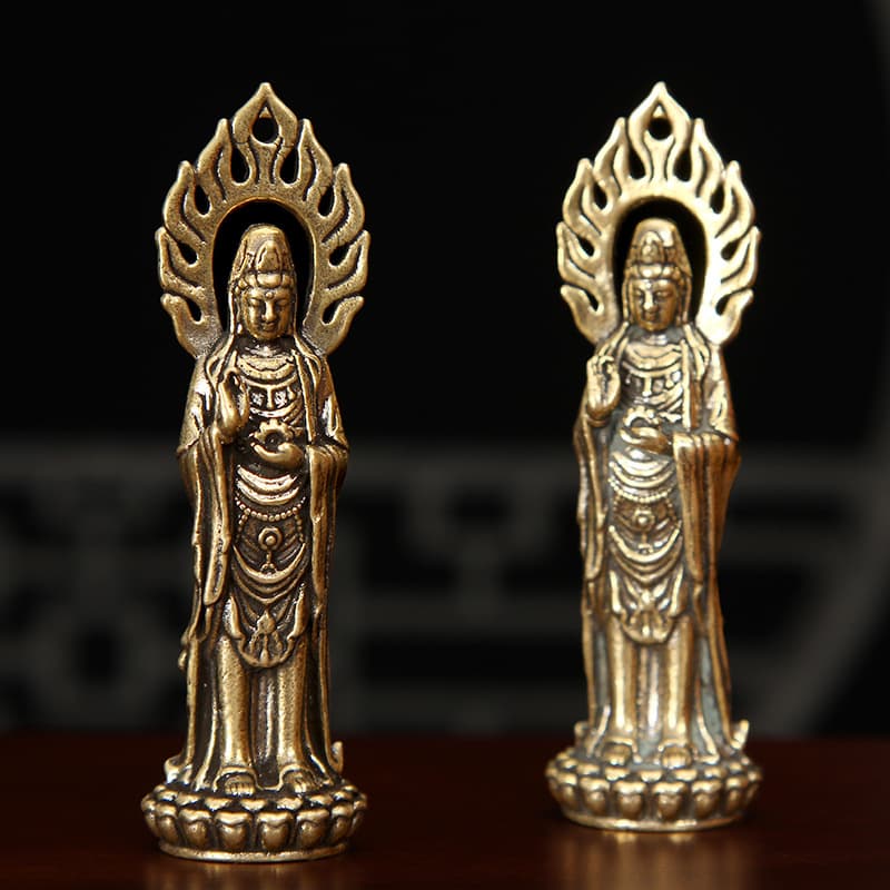 Brass Buddha Light Guanyin Statue with Dharma Wheel - Standing Bodhisattva Desktop Ornament/Handheld Item, Vintage Copper Craft Wholesale