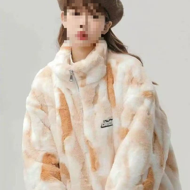 Tie-dye shearling coat men's autumn and winter new style trendy cotton coat thickened loose stand collar faux fur coat
