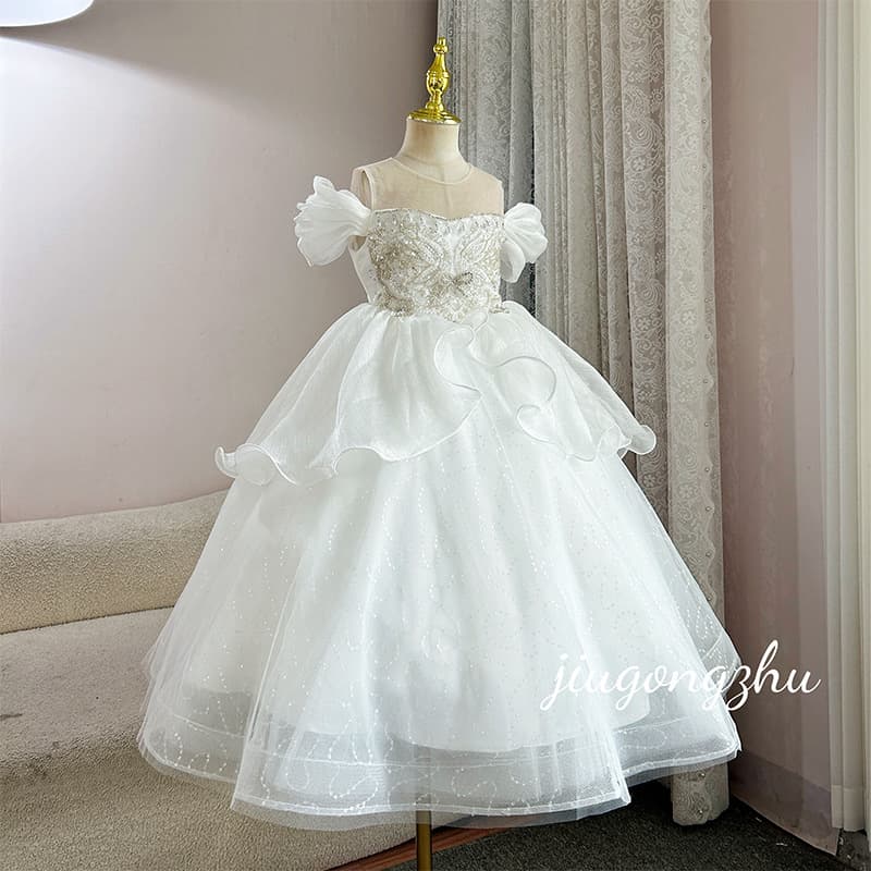 [White Feather] Princess Dress White Girl Host Dress Flower Girl Catwalk Puffy Gauze
