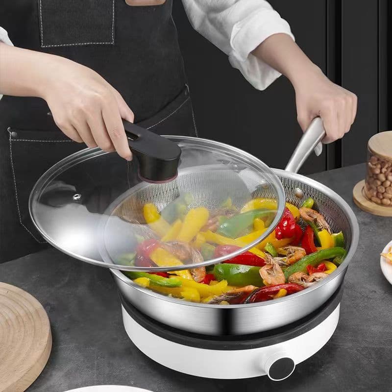 304 Stainless Steel Double-Sided Screen Wok with Honeycomb Bottom, Non-Stick, Non-Coated Stir-Fry Pan for Home Gas and Induction Cooktops