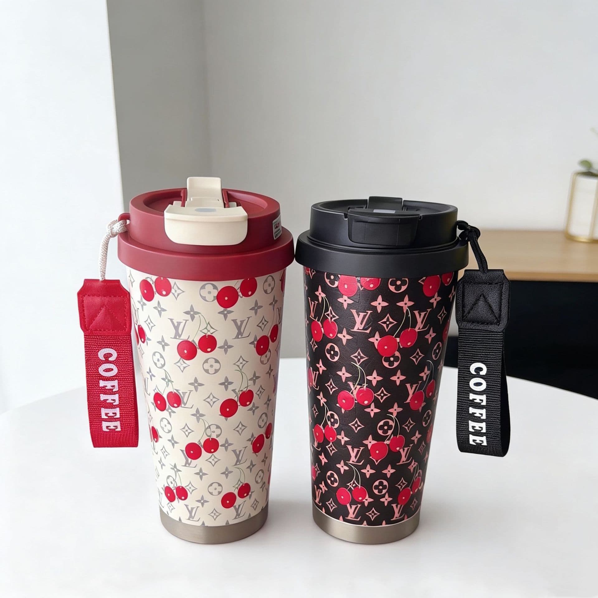 Stylish Lily of the Valley Coffee Cup Thermos Mug for Students and Office with Lanyard, Stainless Steel Portable Cup