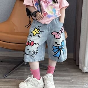 New Girls' Summer Cartoon Print Denim Shorts Loose Big Kids Thin Shorts Mid-Length Pants Fashion