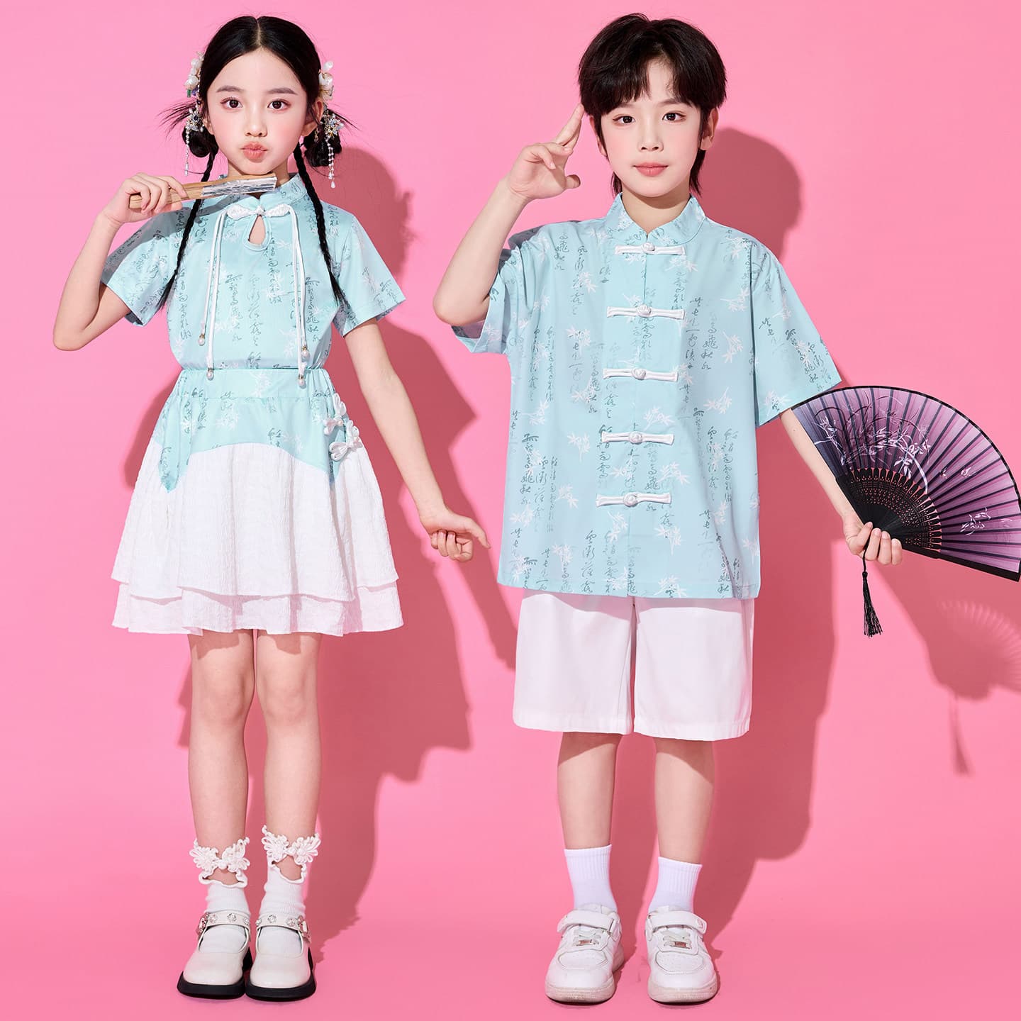 Children's Cheerleading Chinese Style Button-Down Shirt and Skirt Summer Performance Set, Graduation Photo Outfit