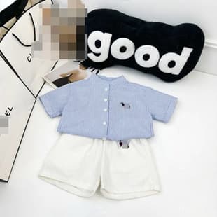 Boys Fresh Stand Collar Striped Shirt 2026 Summer Kids Short Sleeve Shirt Korean Style Baby Casual 2-Piece Set