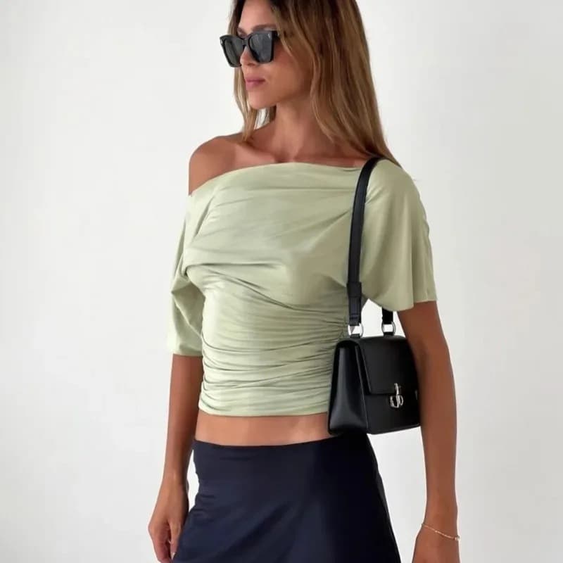 Summer One-Shoulder Top Fashion Slim Short-Sleeve T-Shirt Sexy Party Y2K Street Style Solid Color Pullover