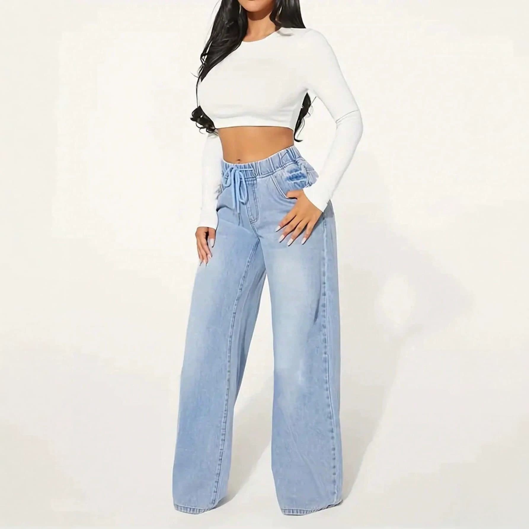 Cross-border European and American foreign trade 2026 women's denim high-waist slim drawstring loose wide-leg pants women's fashion