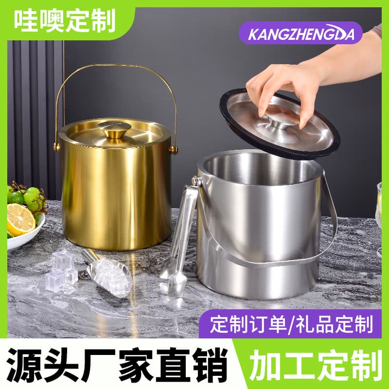 Custom 304 Stainless Steel Ice Bucket Commercial Double-layer Thickened Bar Chilled Beer Champagne Bucket with Handle Ice Bucket